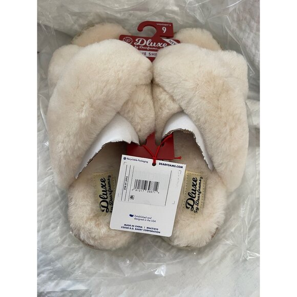 Dluxe by Dearfoam Cream Genuine Shearling Criss Cross Top Slide On Slippers - Picture 1 of 12